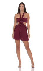 Chiffon Cutout Ruffle Dress in Plum