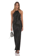 Rhinestone Satin Open Back Maxi Dress in Black